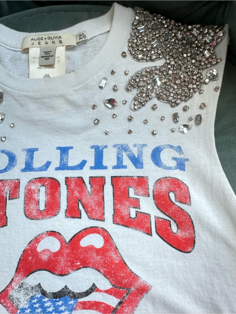 Alice + Olivia White Rolling Stones Graphic Crop Top with Red & Blue Accents - Picture 6 of 9